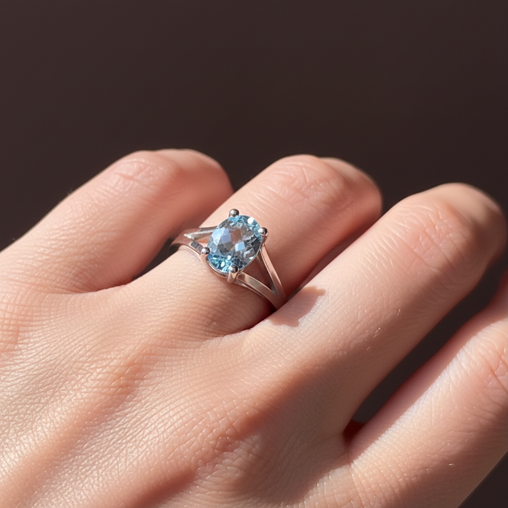 Cathedral double shank oval aquamarine ring in 14K gold