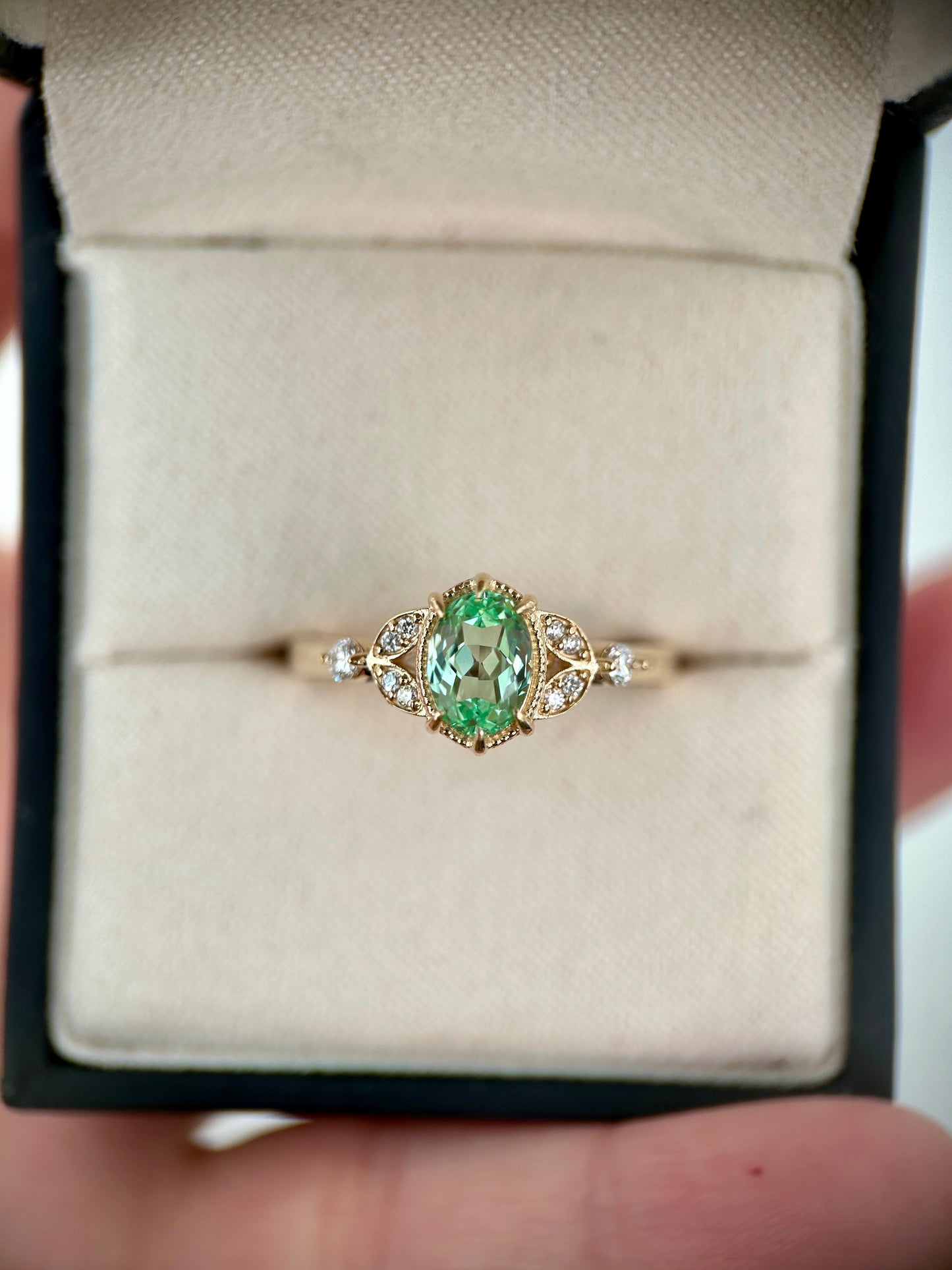 Antoinette pistacho oval sapphire vintage engamenent ring in 14K gold
