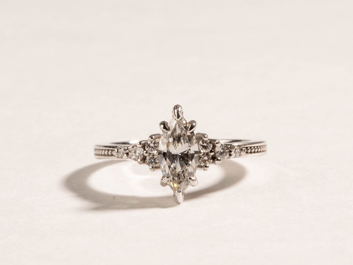 Vintage inspired celestia marquise cut diamond engagement ring