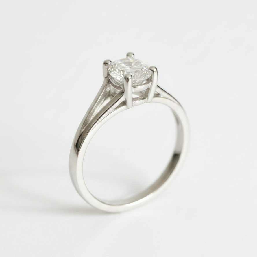 Cathedral double shank 1 carat oval diamond engagement ring in 14K gold