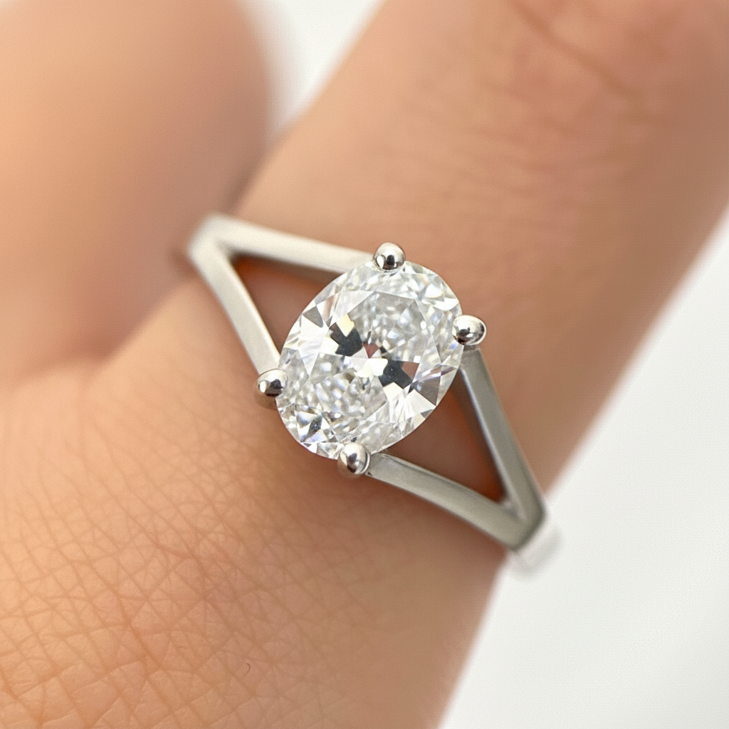 Cathedral double shank 1 carat oval diamond engagement ring in 14K gold