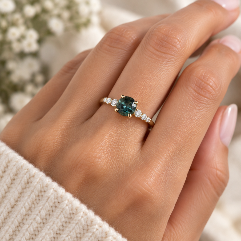 Iselle Teal Round Cut Sapphire Engagement Ring In 14K gold | Retórica