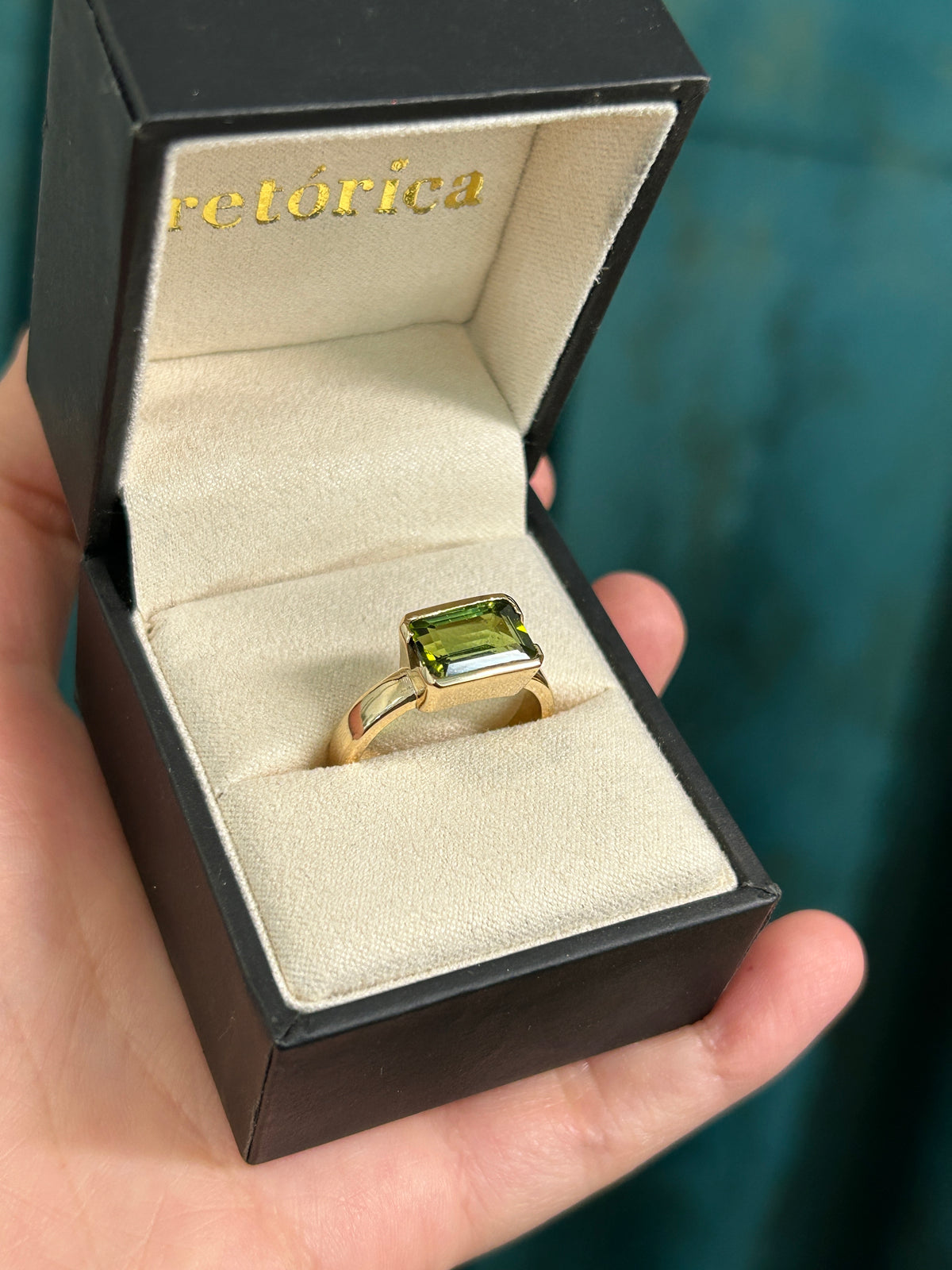 Earthy Green Tourmaline 14K Yellow Gold Half Open Bezel Ring