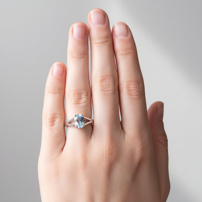 Cathedral double shank oval aquamarine ring in 14K gold