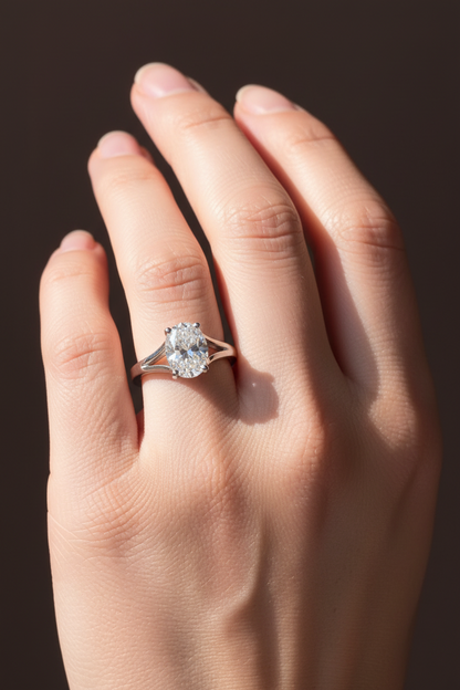 Cathedral double shank 1 carat oval diamond engagement ring in 14K gold