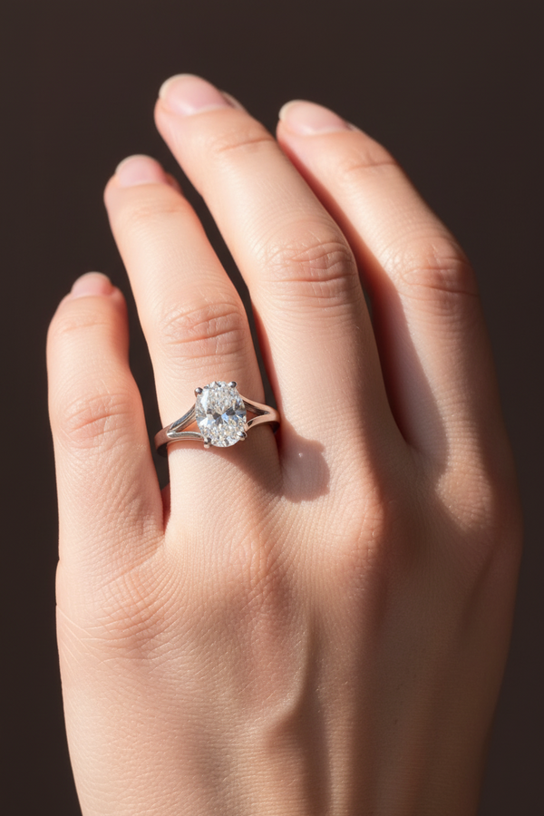 Cathedral double shank 1 carat oval diamond engagement ring in 14K gold
