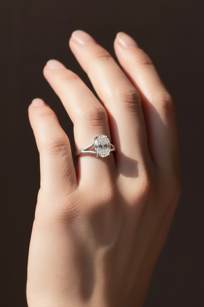 Cathedral double shank 1 carat oval diamond engagement ring in 14K gold