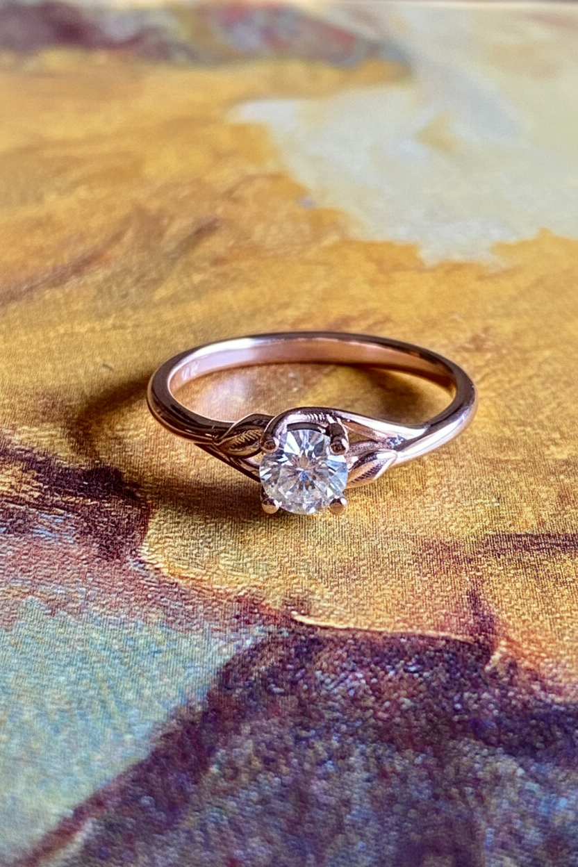 Leaves design round cut diamond engagement ring