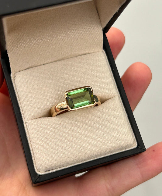 Earthy Green Tourmaline 14K Yellow Gold Half Open Bezel Ring