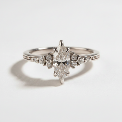 Vintage inspired Celestia marquise cut diamond engagement ring in 14K gold | Retorica
