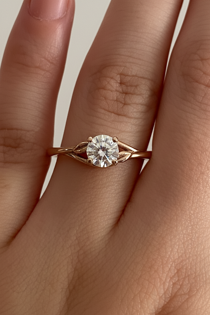 Leaves design round cut diamond engagement ring
