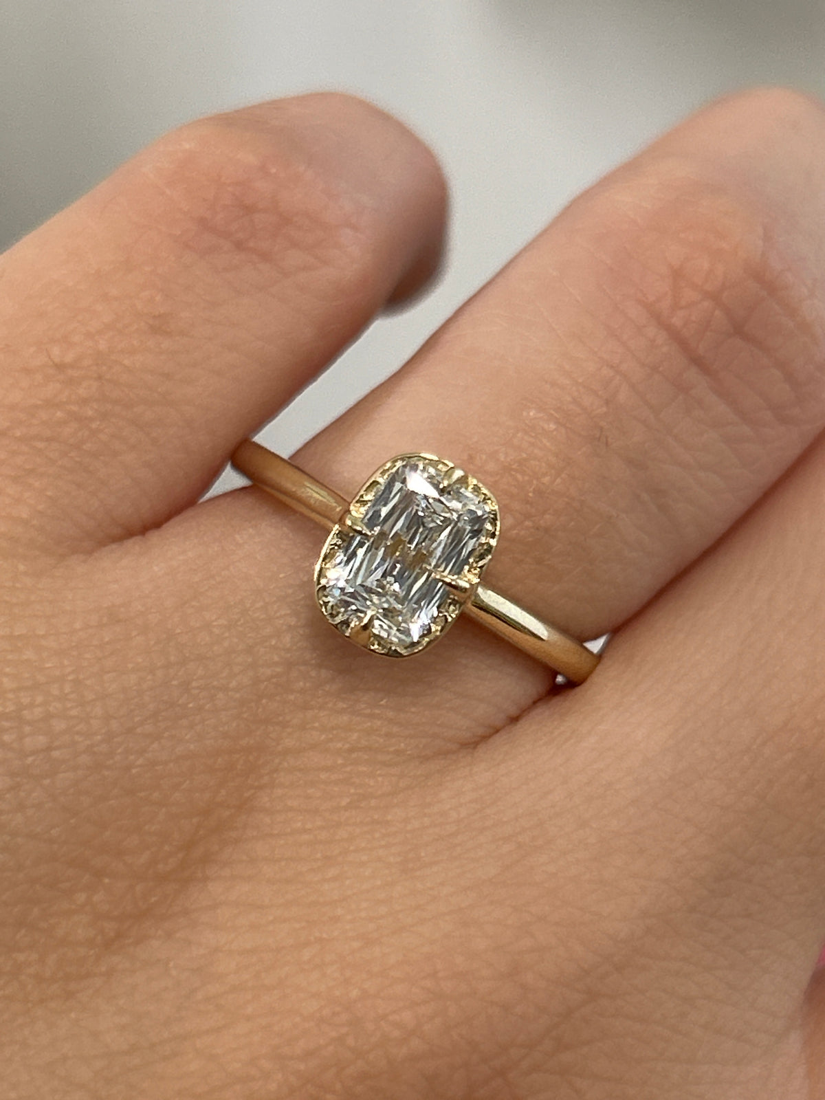 Aurelia Cathedral Texturized Halo Cross Cut Elongated Cushion Engagement Ring | Retórica