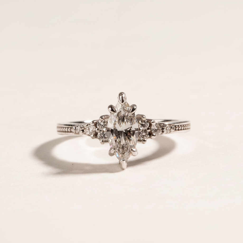 Vintage inspired celestia marquise cut diamond engagement ring 
