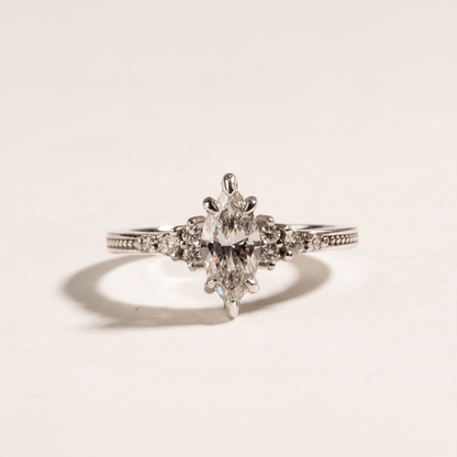 Vintage inspired celestia marquise cut diamond engagement ring 