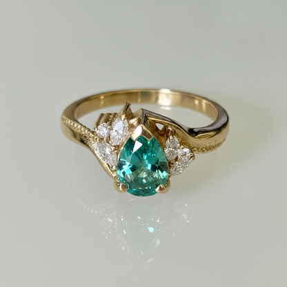 Pear Cut Teal Moissanite & Diamonds Swirl Engagement Ring