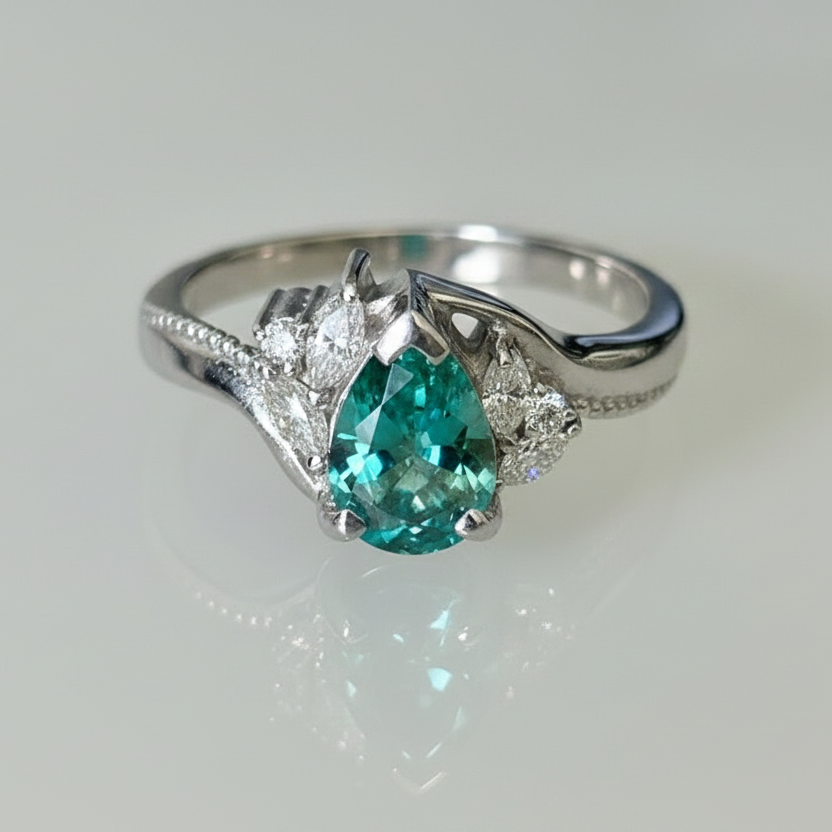 Pear Cut Teal Moissanite & Diamonds Swirl Engagement Ring
