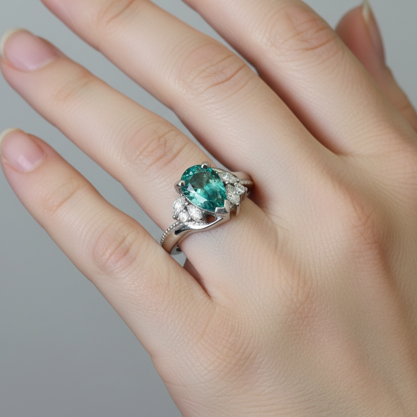 Pear Cut Teal Moissanite & Diamonds Swirl Engagement Ring