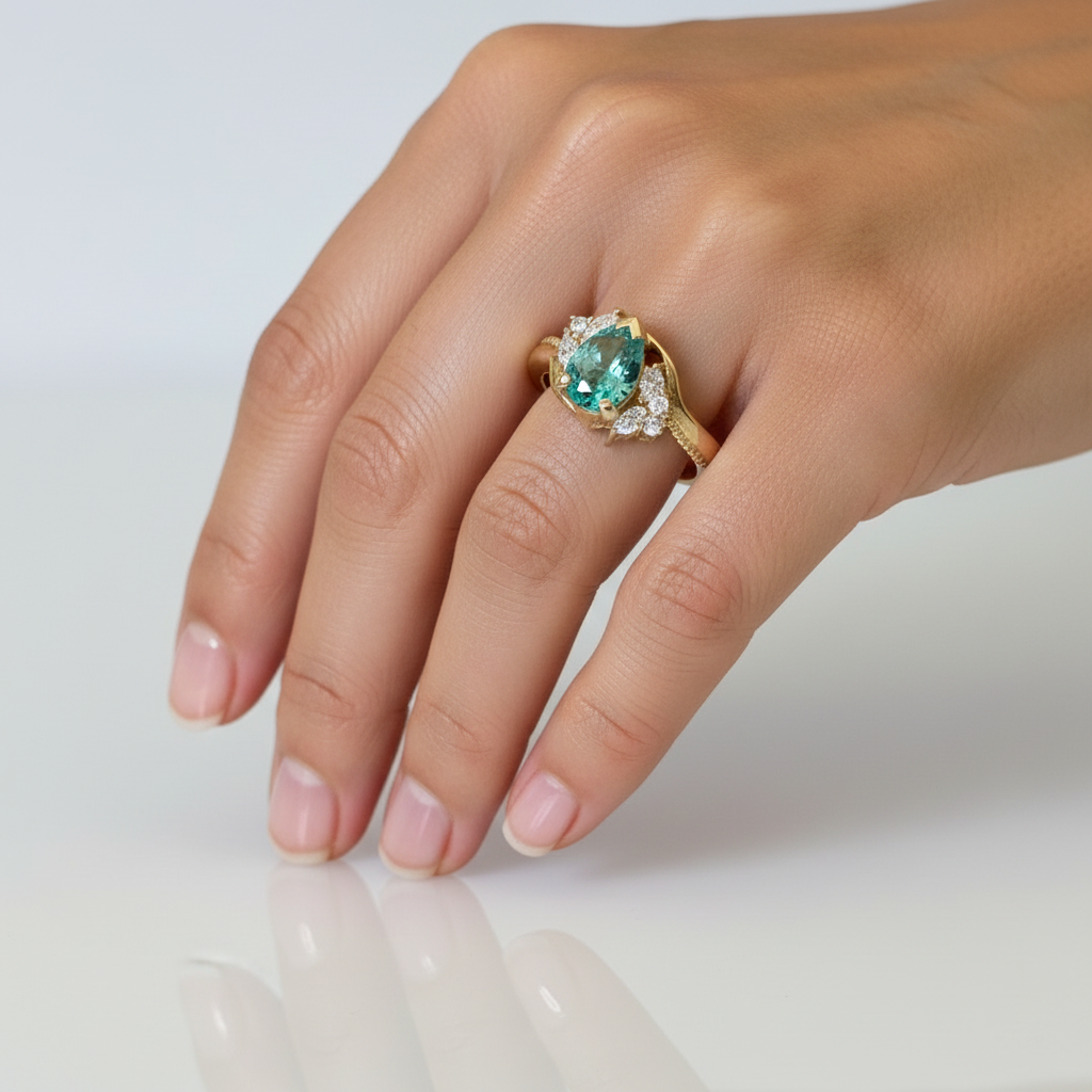 Pear Cut Teal Moissanite & Diamonds Swirl Engagement Ring