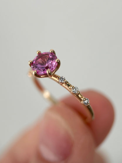 Six prongs round cut lab grown pink sapphire ring in 14K yellow gold