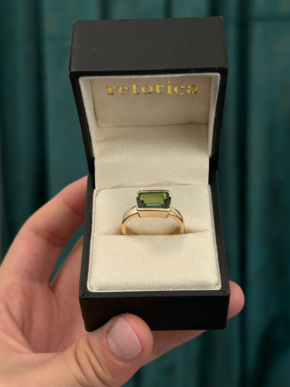 Earthy Green Tourmaline 14K Yellow Gold Half Open Bezel Ring