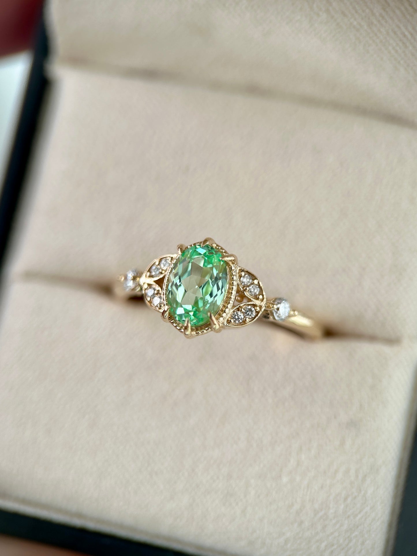 Antoinette pistacho oval sapphire vintage engamenent ring in 14K gold