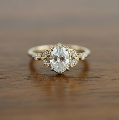 Antoinette vintage inspired oval cut diamond engagement ring in 14K gold | Retórica