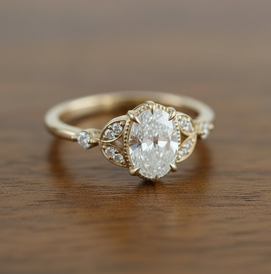 Antoinette vintage inspired 1 carat oval cut diamond engagement ring in 14K gold