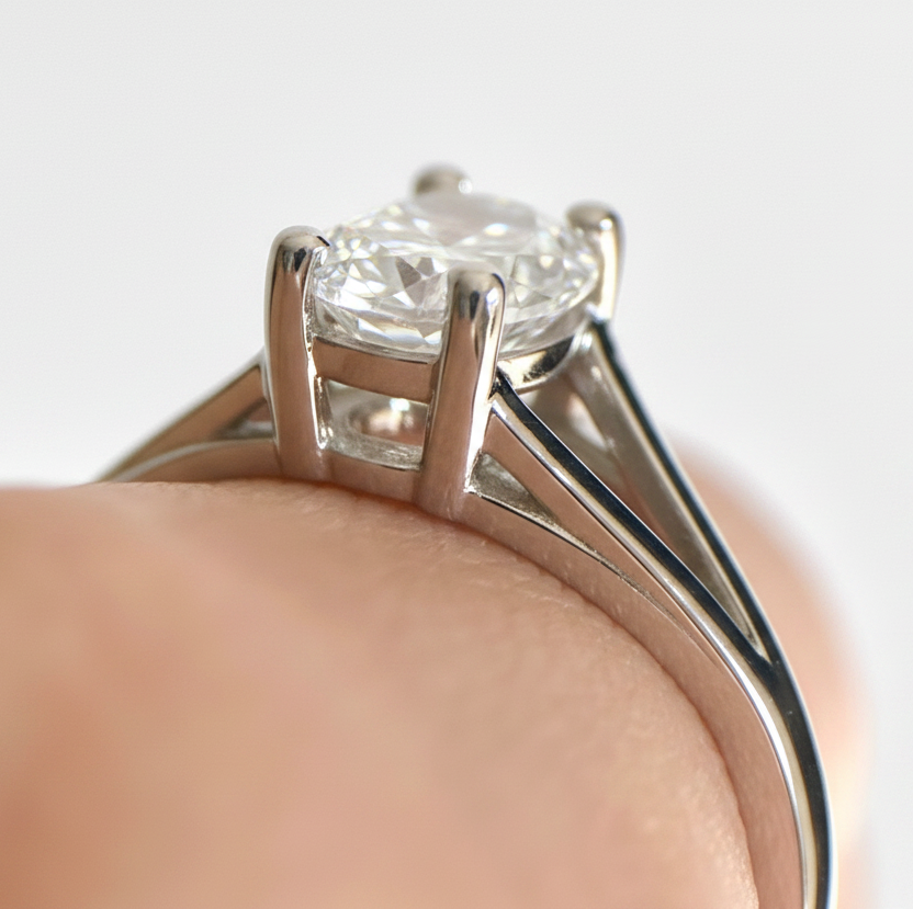 Cathedral double shank 1 carat oval diamond engagement ring in 14K gold