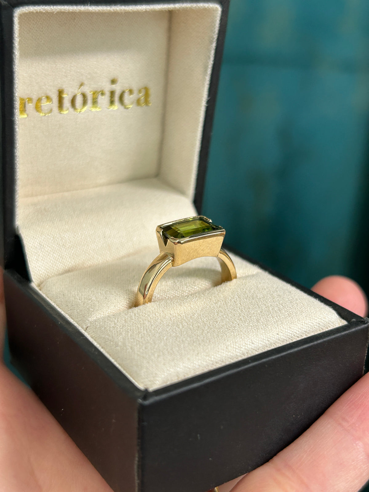 Earthy Green Tourmaline 14K Yellow Gold Half Open Bezel Ring