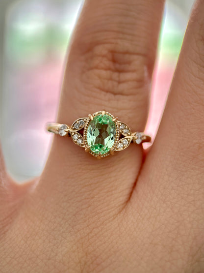 Antoinette pistacho oval sapphire vintage engamenent ring in 14K gold