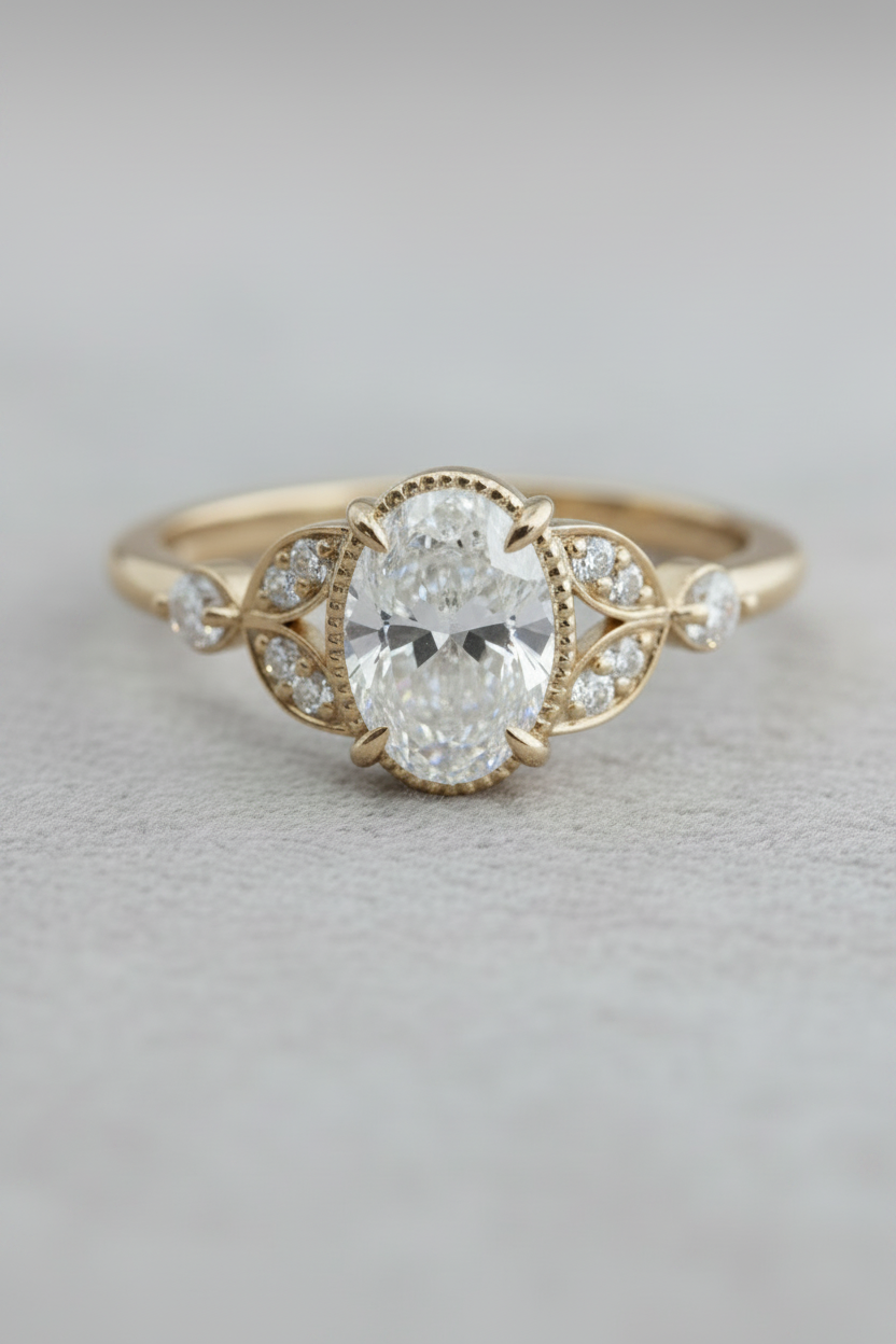 Antoinette vintage inspired oval cut diamond engagement ring in 14K gold