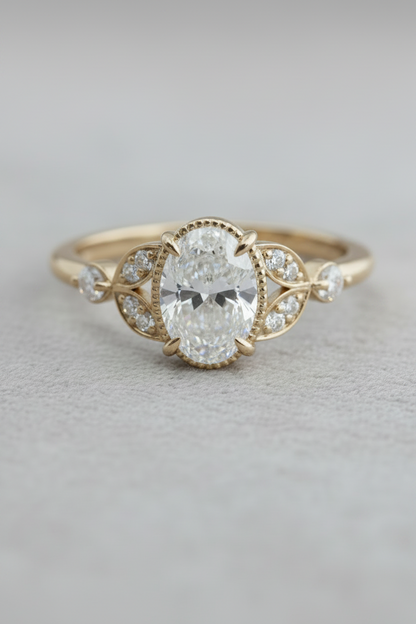 Antoinette vintage inspired oval cut diamond engagement ring in 14K gold