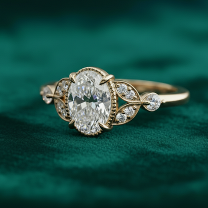 Antoinette vintage inspired oval cut diamond engagement ring in 14K gold