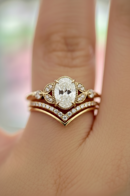 Antoinette vintage inspired oval cut diamond engagement ring in 14K gold