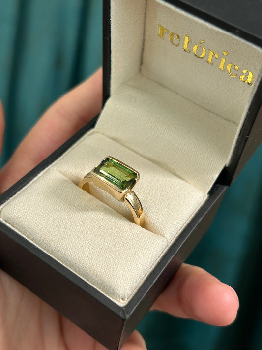 Earthy Green Tourmaline 14K Yellow Gold Half Open Bezel Ring