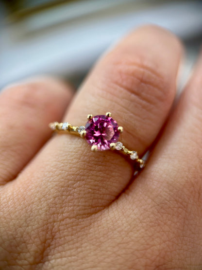 Six prongs round cut lab grown pink sapphire ring in 14K yellow gold