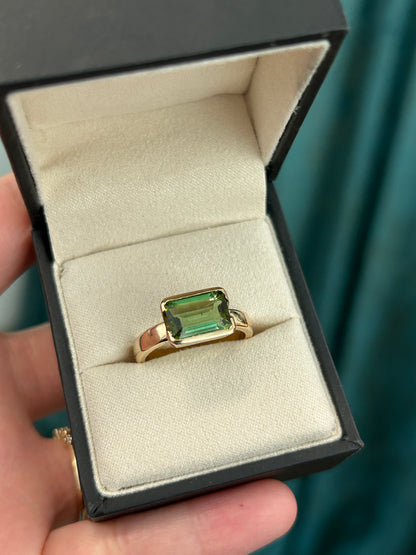 Earthy Green Tourmaline 14K Yellow Gold Half Open Bezel Ring