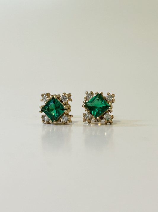 Vintage inspired princess cut emerald with diamonds stud earrings in 14K gold