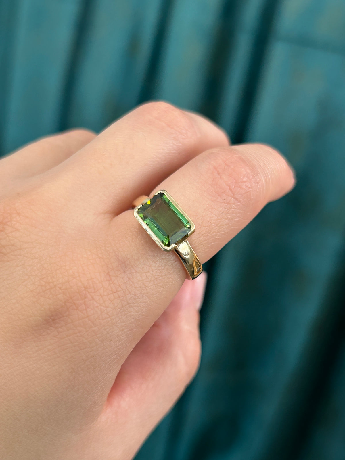 Earthy Green Tourmaline 14K Yellow Gold Half Open Bezel Ring