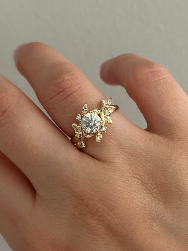 Rose nature inspired diamond engagement ring in 14K gold