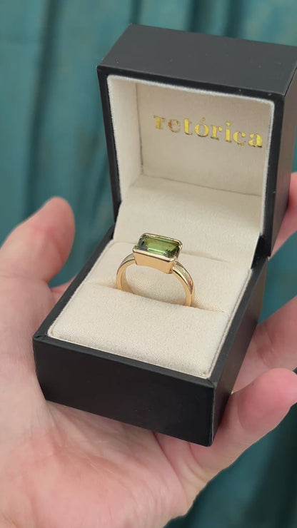 Earthy Green Tourmaline 14K Yellow Gold Half Open Bezel Ring