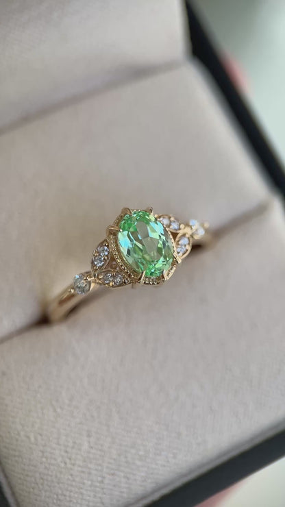 Antoinette pistacho oval sapphire vintage engamenent ring in 14K gold