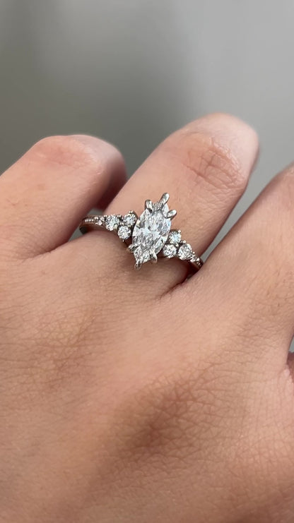Vintage inspired Celestia marquise cut diamond engagement ring in 14K gold | Retorica
